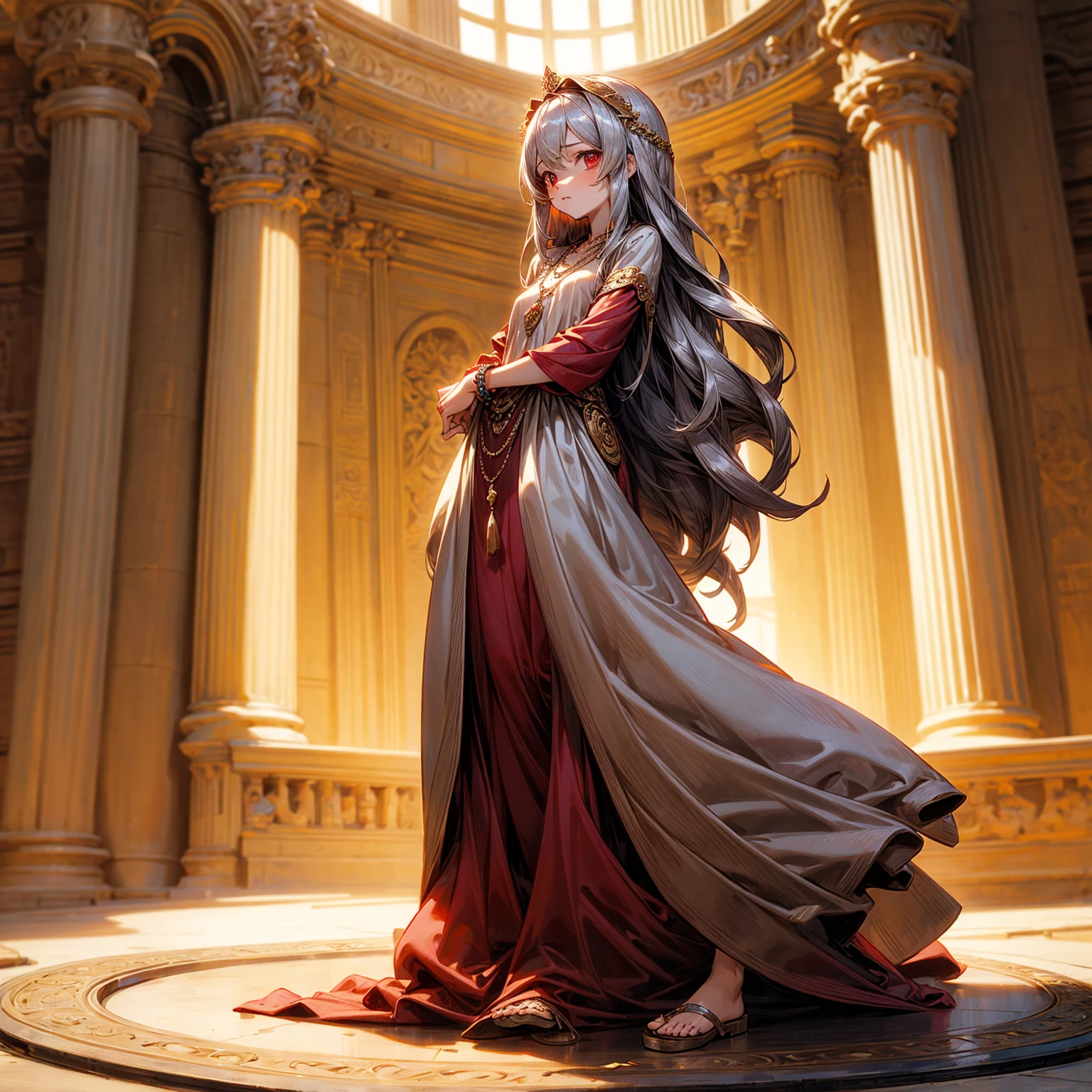 1childern girl, Full body version, 1character, red eyes, long haircut, silver colour hair, Ancient Roman clothing, long dress clothing, Bracelets, necklaces, Golg sandals , Grassroots, background indoor Castleford, motion blur, lighting, (one piece art)