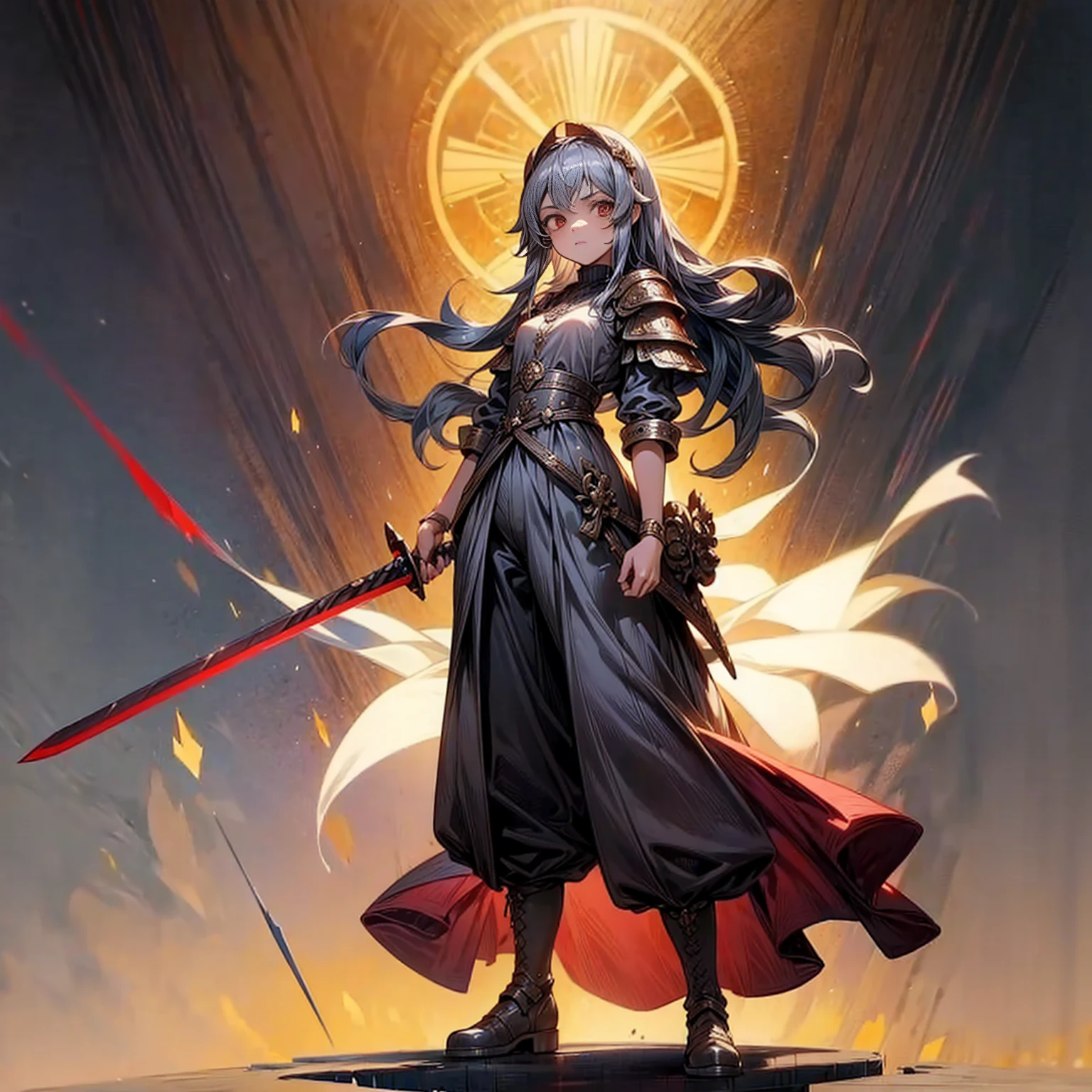 1childern girl, Full body version, 1character, red eyes, long haircut, silver colour hair, Ancient Roman clothing, armors, long pants, boots, Grassroots, full background in field Castle, motion blur, lighting, (one piece art), standing gesture, sword in hand 