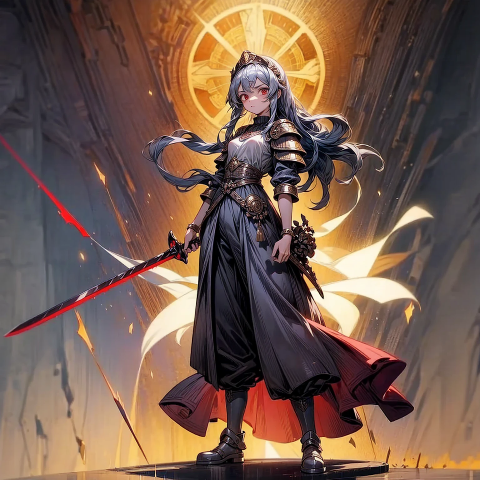 1childern girl, Full body version, 1character, red eyes, long haircut, silver colour hair, Ancient Roman clothing, armors, long pants, boots, Grassroots, full background in field Castle, motion blur, lighting, (one piece art), standing gesture, sword in hand 