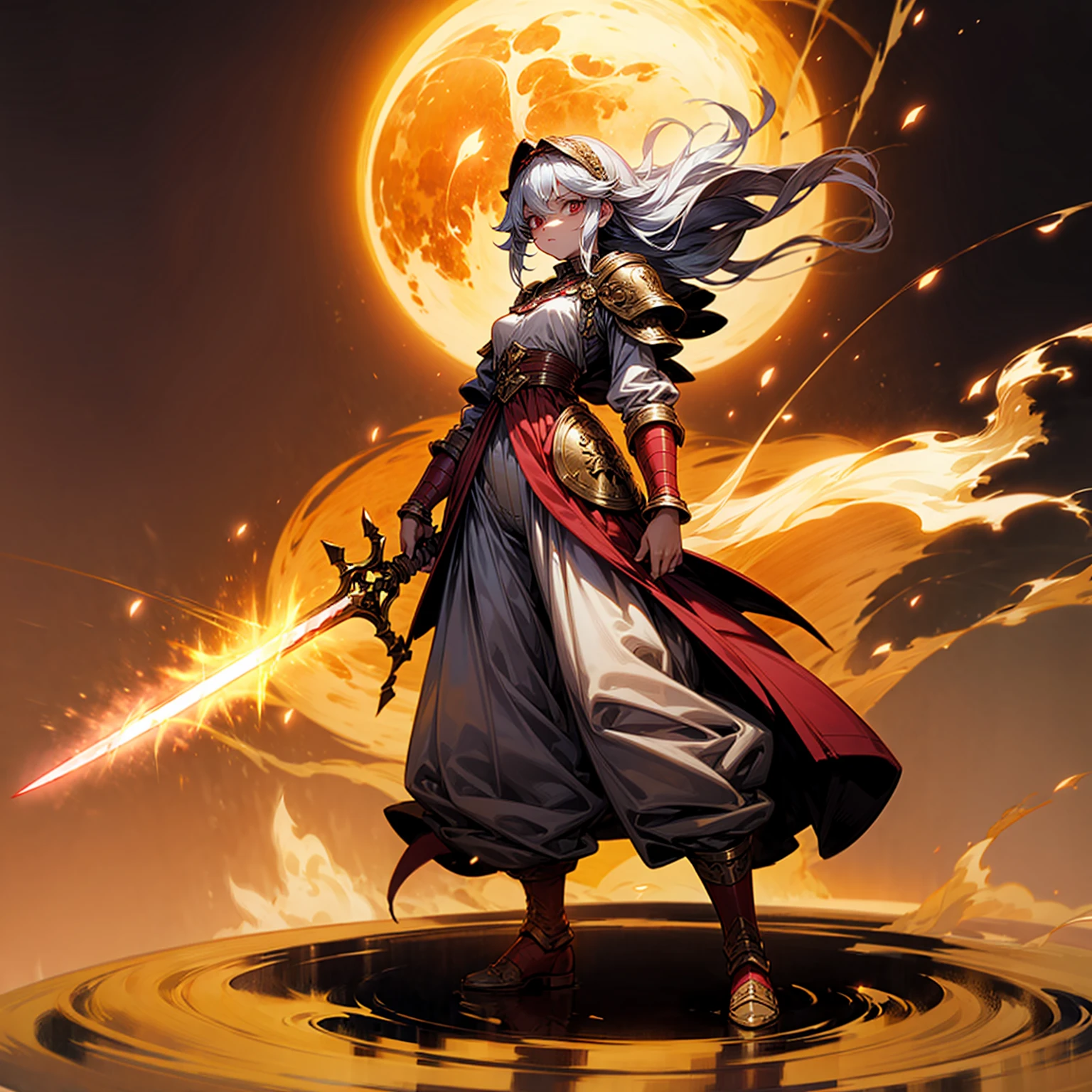 1childern girl, Full body version, 1character, red eyes, long haircut, silver colour hair, Ancient Roman clothing, gold armors, long pants, boots, Grassroots, full background in field, motion blur, lighting, (one piece art), standing gesture, gold sword in hand, lighting fire effect on sword, lighting on sword, smoke effect, fire effect, blood on background, Fire effect on background, plasma effect, moon, Moonlight 