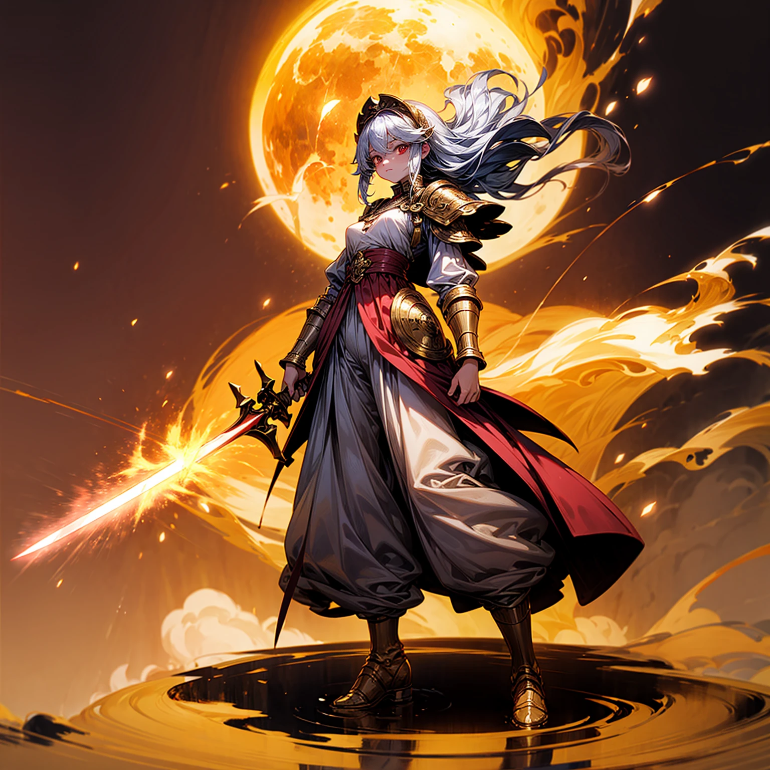 1childern girl, Full body version, 1character, red eyes, long haircut, silver colour hair, Ancient Roman clothing, gold armors, long pants, boots, Grassroots, full background in field, motion blur, lighting, (one piece art), standing gesture, gold sword in hand, lighting fire effect on sword, lighting on sword, smoke effect, fire effect, blood on background, Fire effect on background, plasma effect, moon, Moonlight 