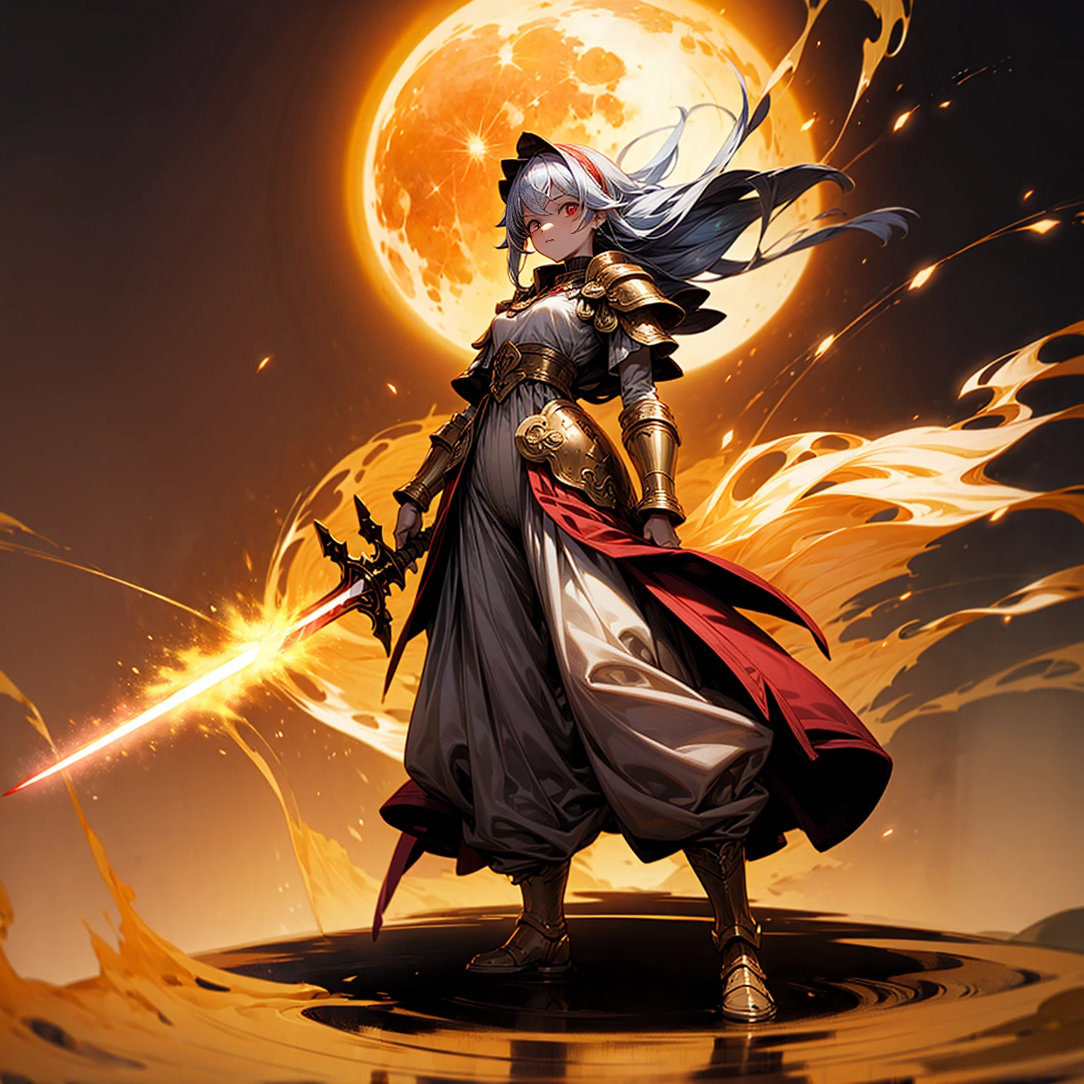 1childern girl, Full body version, 1character, red eyes, long haircut, silver colour hair, Ancient Roman clothing, gold armors, long pants, boots, Grassroots, full background in field, motion blur, lighting, (one piece art), standing gesture, gold sword in hand, lighting fire effect on sword, lighting on sword, smoke effect, fire effect, blood on background, Fire effect on background, plasma effect, moon, Moonlight 