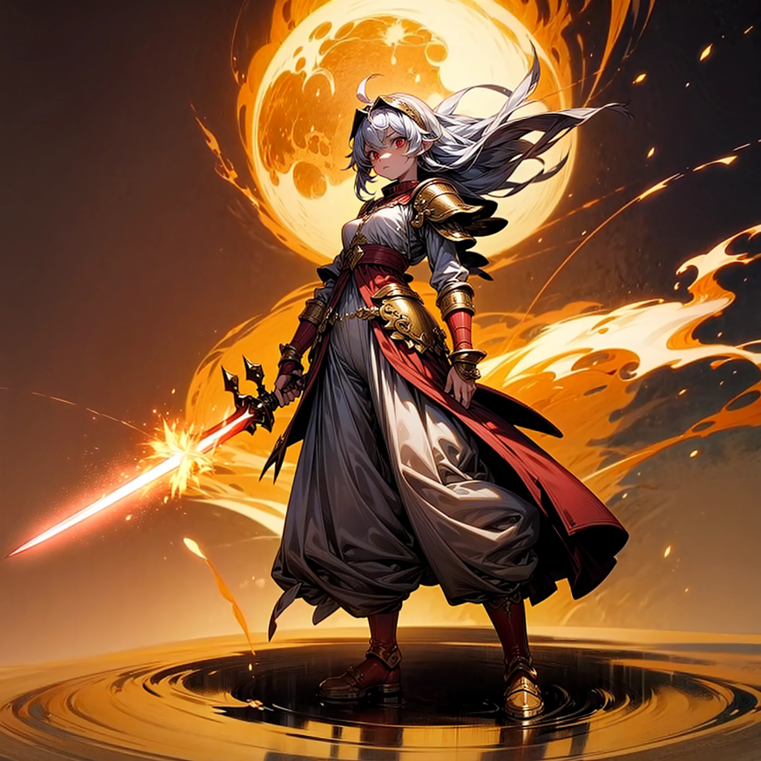 1childern girl, Full body version, 1character, red eyes, long haircut, silver colour hair, Ancient Roman clothing, gold armors, long pants, boots, Grassroots, full background in field, motion blur, lighting, (one piece art), standing gesture, gold sword in hand, lighting fire effect on sword, lighting on sword, smoke effect, fire effect, blood on background, Fire effect on background, plasma effect, moon, Moonlight 