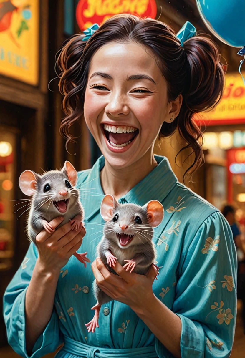 by (((Lori Earley) and Kelly Sue Deconnick ) and Makoto Shinkai ) and Evgeny Lushpin, digital oil pastel on canvasof a kodak motion picture film of a cute happy woman holding up two cute mice while laughing maniacally laughter, dual wielding mice 