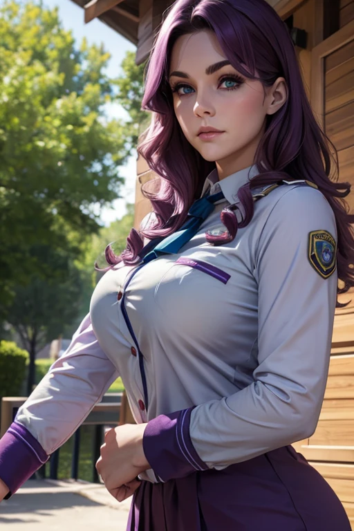 Mulher linda com cabelo roxo ondulado, olhos azuis, corpo firme, seios perfeitos, uniforme detalhado de escoteira, rosto corado 