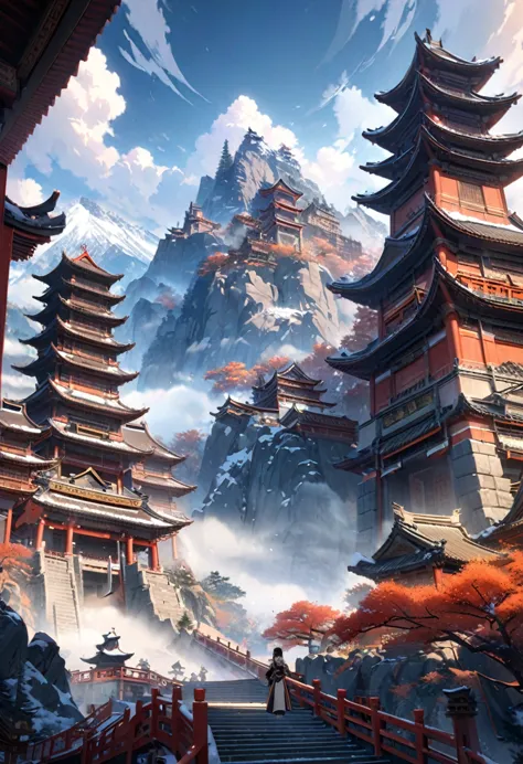 anime aestetics, anime landscape, view from the feet of the mountain, huge chinese sanctuary at the mountain, mountain covered i...