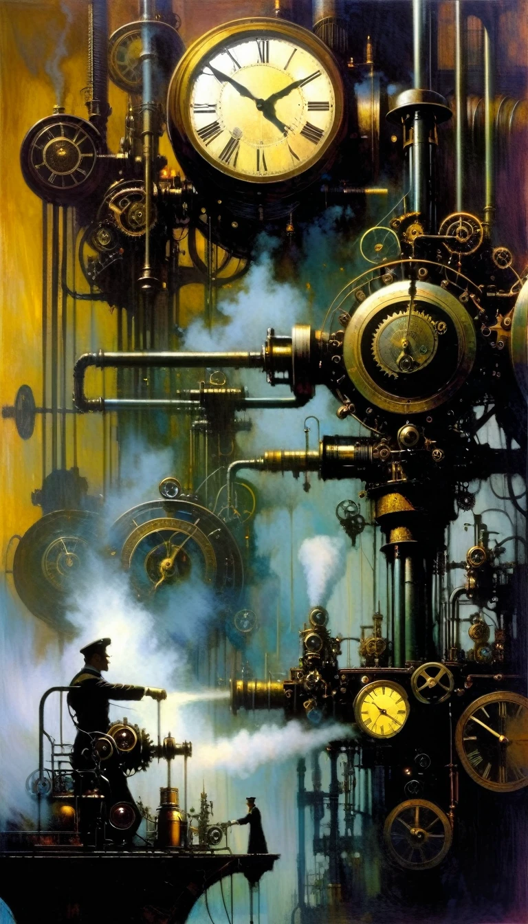 ,mechanical arms, gear, machine, asymmetry, sho, steam, steampunk, mist, vapor, tubing, steam boiler, steam-powered machine, dark, (grears, clock:1.3),(art inspired by Bill Sienkiewicz). oil painting)