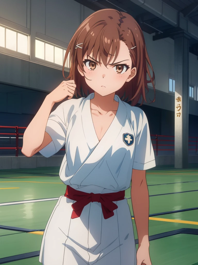 (masterpiece, Highest quality, 8k:1.2),Very detailed, (anime:1.1), superior_Mikoto, Brown Hair, Medium Hair, hairpin, 16 years old, Medium chest, One girl, (Fight, Judo, Glare), Cowboy Shot, View your viewers,Completely naked
