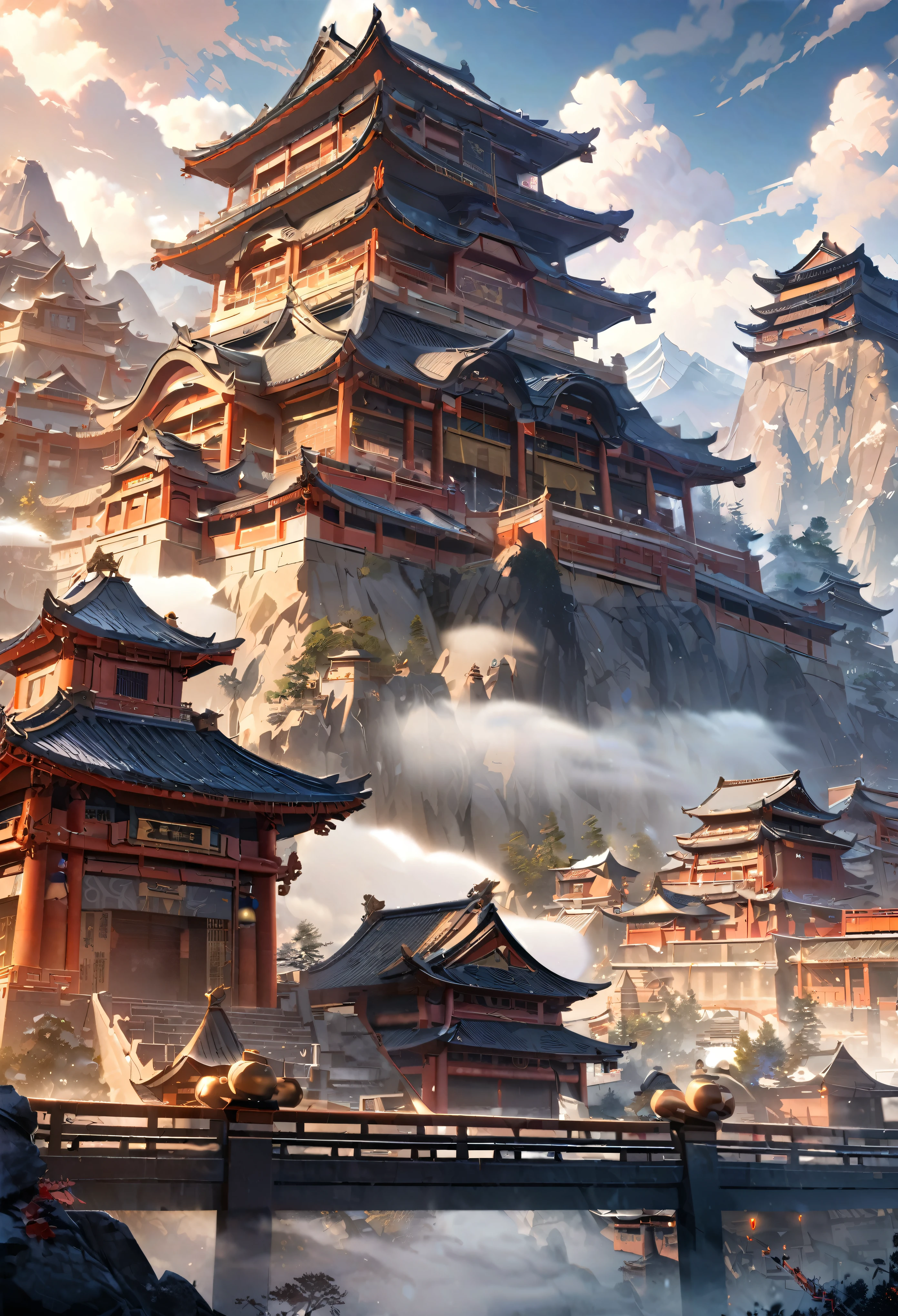  anime aestetics, anime landscape, view from the feet of the mountain, huge chinese sanctuary at the mountain, mountain covered in buildings, red walls. spiky roofs, ancient chinese architecture, transparent fog, big clouds, snowy mountaintops, mystic atmosphere, calm atmosphere, beautiful architecture, wide shot, atmospheric perspective, perspective, from below, 4K, 8k, best quality, award winning, super detail, masterpiece, UHD