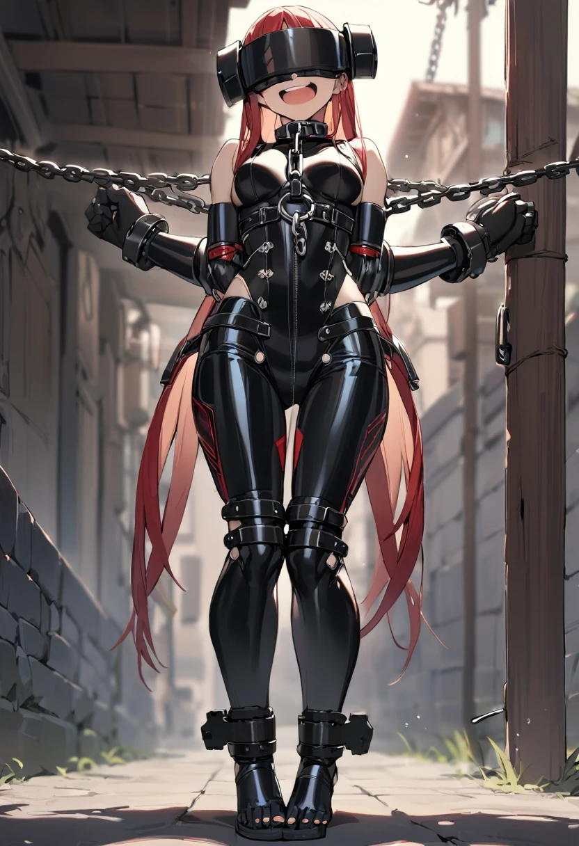 (masterpiece, best quality), intricate details, 1girl, Cammy White from Street Fighter (standing full body toe to head by wooden pole:1.2) iron collar, arms behind back, iron cuffs, shackles, bound, bondage outfit, harness, o-ring, bondage outfit blindfolded cover eyes, happy red cheeks, chain leash collar choker neck bell shackles wristbands bracers bracelets, cleave gag, tickled her armpits by machanical hands, laughing maniacally laughter, screaming with laughter