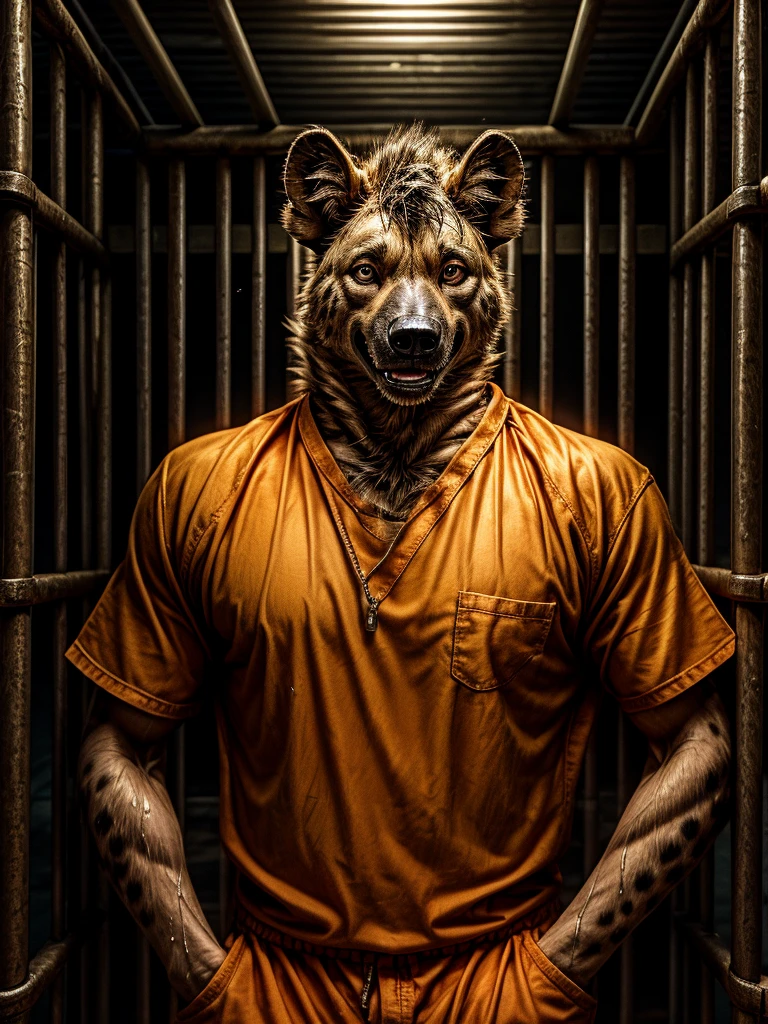 hyena, male, sweating, realistic,  (full nude, Solitary confinement, Prison orange uniform, jail,) prison, smile,