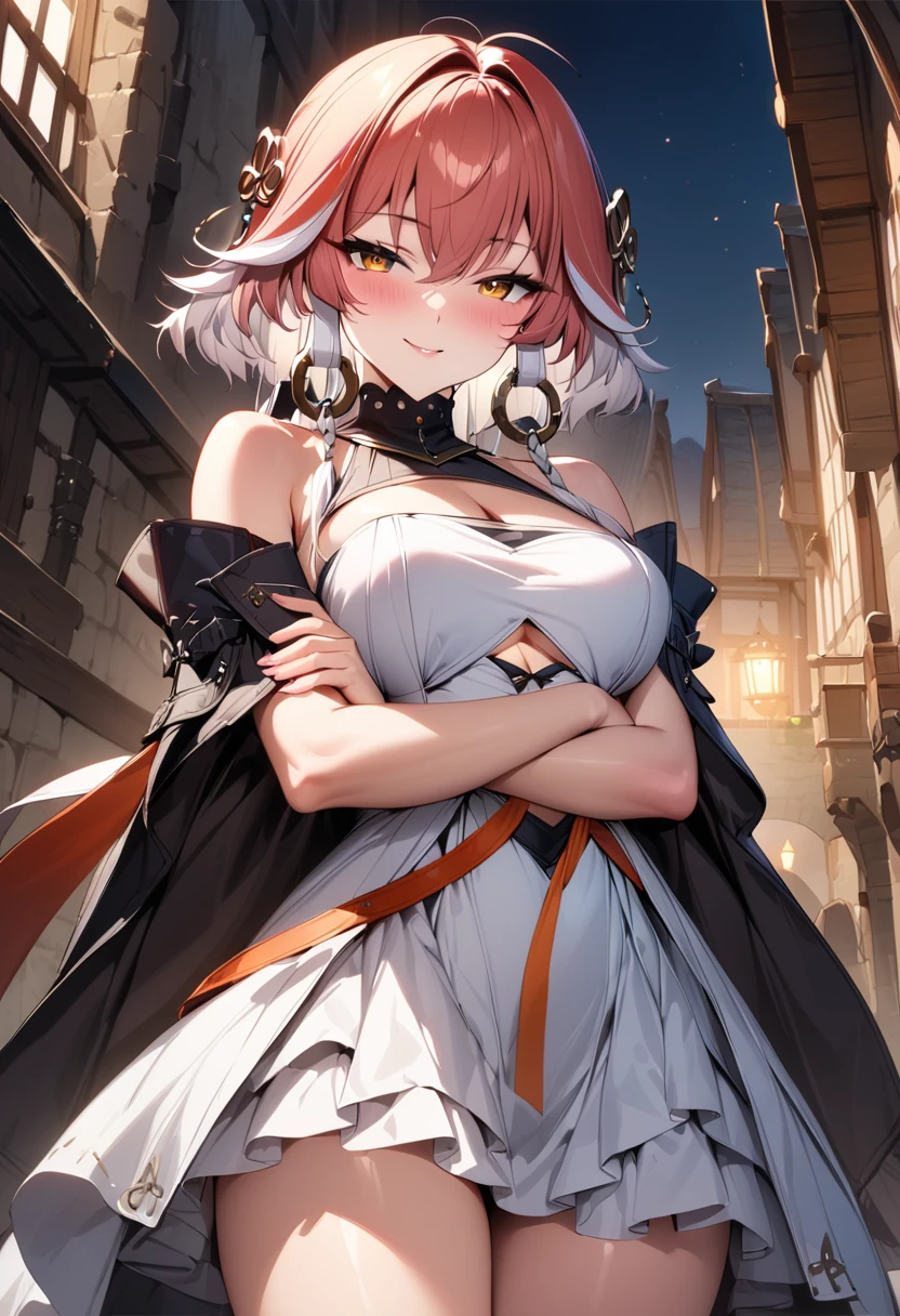 (masterpiece),(best quality),(ultra-detailed),(best illustration),(best shadow),(absurdres),(detailed background),(very aesthetic), changli(wuwa), 1girl, breasts, solo, dress, cleavage, orange eyes, looking at viewer, bare shoulders, white dress, medium breasts, blush, red hair, streaked hair, white hair, seductive smile, from the front, cowboy shot, crossed arms, medieval city background, night, 