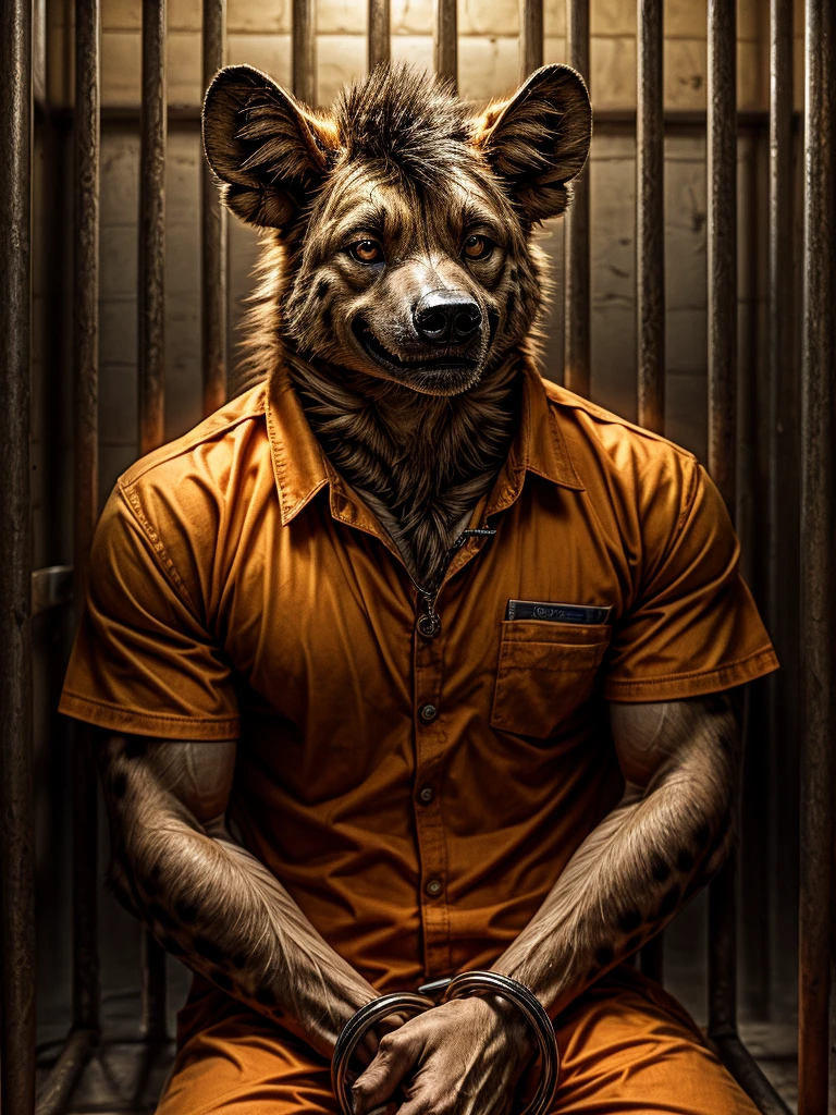 hyena, male, realistic,  (full nude, Solitary confinement, handcuffs, Prison orange uniform, jail,) prison, smile,