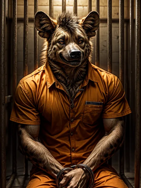 hyena, male, realistic,  (full nude, solitary confinement, handcuffs, prison orange uniform, jail,) prison, smile,