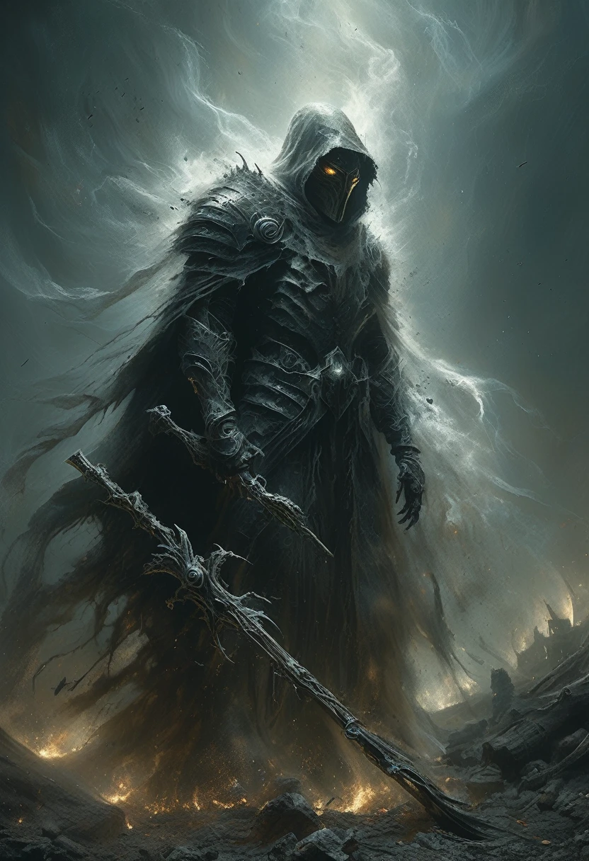 DonM5cy7h3XL scythe,wings,inertia,supramolecular chemistry,pollution,shrouded in swirling mists of toxic gas,advances relentlessly through a war-torn cityscape,its heavy footfalls echoing ominously against the crumbling ruins of civilization,soul knight,ral-dissolve,