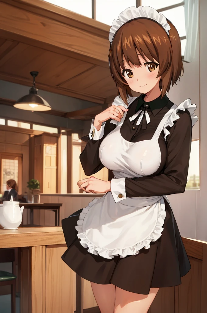 1girl, solo, girls und panzer, nishizumi miho,  brown eyes, brown hair, short hair, (maid uniform:1.4),closed mouth,happy,indoors, cafe ,huge breasts