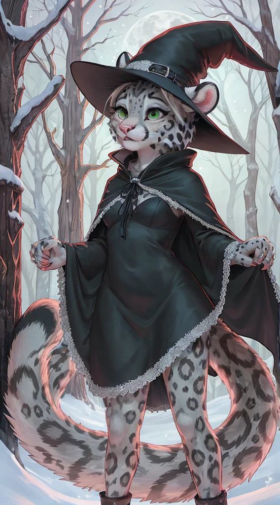 detailed back ground, Dark and mysterious forest, fog rolling through the trees, snow covered ground, full moon shining brightly in the sky, a clearing with scattered leaves and pumpkins, a((slim and graceful)(leopardo da neve:1.2))woman standing in her witch costume, (black dress adorned with silver stars), (pointed hat with wide brim), (long cloak flowing behind her), (Sharp claws on fingertips), (greeneyes), ((delicate pink nose:1.1)peeking out from under the witch&#39;s hat), (playful smile revealing sharp fangs), detailed skin markings that resemble mystical patterns on your body, (confident stance), (half body view)