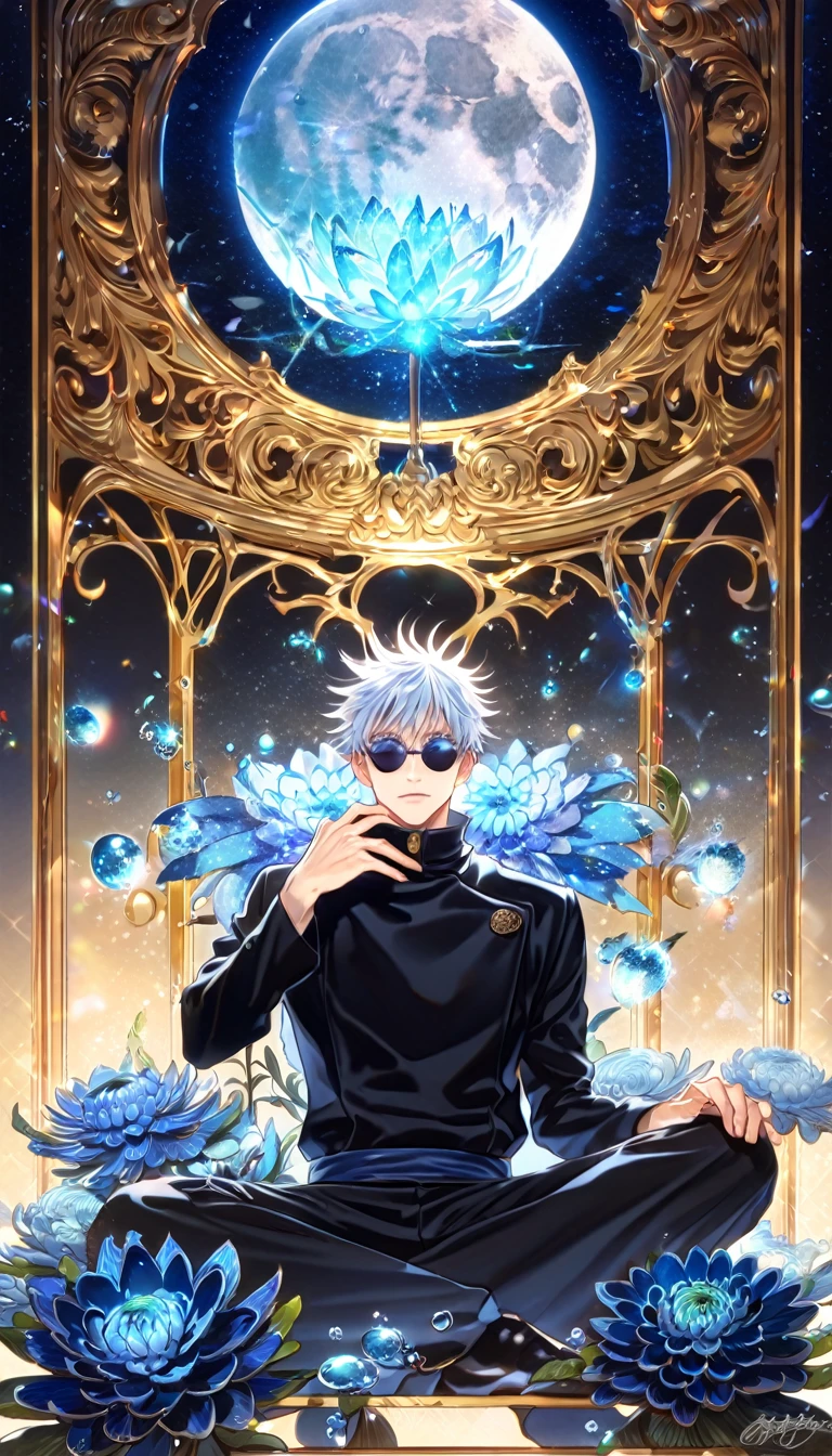 absurdres, highres, ultra detailed, HDR, master piece, best quality, extremely detailed, Gojou Satoru, white hair, black round sunglasses, expressive blue eyes, white eyelashes, Jujutsu Kaisen, solo, sexy man sitting, handsome, jujutsu uniform, black shirt, black pants, fantasy, water, sparkling, blue glittering fireflies, blue moon, blue blossoms, blue chrysanthemums, blue sparkling lights, starry sky, magical