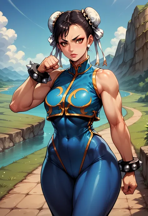 score_9, score_8_up, score_7_up, break, score_9, 1girl, chun-li (\street fighter)\, black hair, brown eyes, makeup, eyelashes, s...