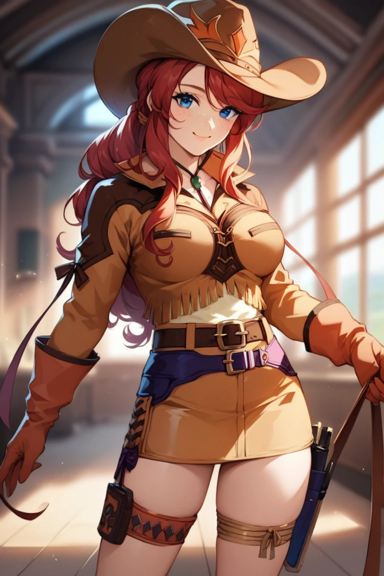 score_9, score_8_up, score_7_up, very aesthetic, source_anime, detailed, high quality, beautiful, masterpiece, detailed eyes,
Indoors, blurry background,
cowboy shot, upper body, smile, mouth closed, 
gemini sunrise, red hair, long hair, blue eyes, freckles, sidelocks, big breasts,
belt, thigh strap, cowboy hat, cowboy boots, fringe trim, gloves, miniskirt,  long sleeves,, zPDXL