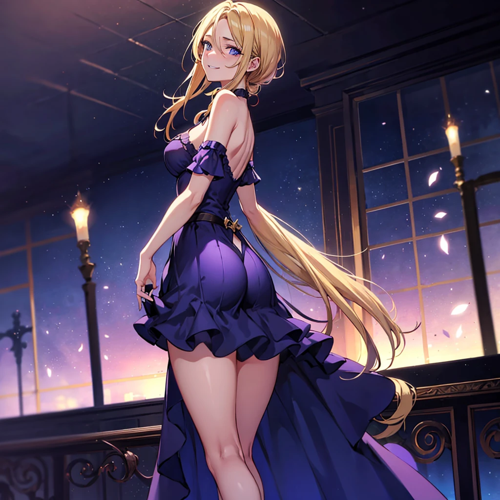 1 girl, only, breasts big, hourglass-body, gazing at viewer, high resolution, blue colored eyes, Laughter, hair blonde, very long hair, hair slicked back, Hair over the shoulder, loose hair, flushed, Laughter, make up, slightly-smile, excited face, ass pov, anime styling, wearing a short purple knee-length dress, standing, inside the mall