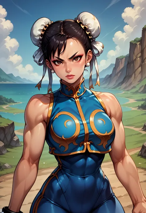 score_9, score_8_up, score_7_up, break, score_9, 1girl, chun-li (\street fighter)\, black hair, brown eyes, makeup, eyelashes, s...