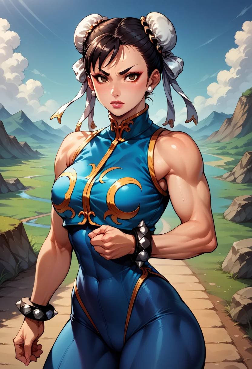 score_9, score_8_up, score_7_up, BREAK, score_9, 1girl, chun-li (\street fighter)\, black hair, brown eyes, makeup, eyelashes, short hair, breasts, looking at viewer, fist on hand, lips, alpha_costume, blue bodysuit, blue leotard, blue vest, sleeveless, cowboy shot, landscape, street