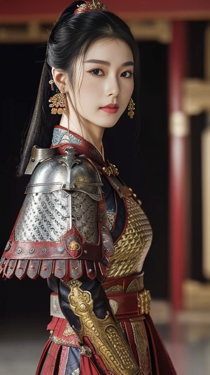 Front view , ancient Chinese girl, 2 century, looking at viewer, beautiful Chinese  Young General,  girl is 26 years old, (Highly detailed face, Black hair, middle hair ,Brown eye, Variegated eyes, Ordinary eyes,  Tapered eyebrows,  Fuller lips, little Lips, Silas), (ears decoration earring), (middle breasts, middle hip), (ancient Chinese costume, Red decoration leather armor emboss armor of dragon ,  leather inner clothes,  put shoulder Red Cloak ), (A medieval knight and a Chinese warrior, each holding a double-edged sword at waist height with both hands, ready for battle), standing in Chinese Palace, near Garden, sunset ,(masterpiece, Highest quality, masterpiece, God-like quality, Godly art, , Very realistic)