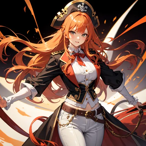 best qualityer, woman dressed as a pirate, half orange hair, half white, with shirt and pants, red threads around you, black backdrop
