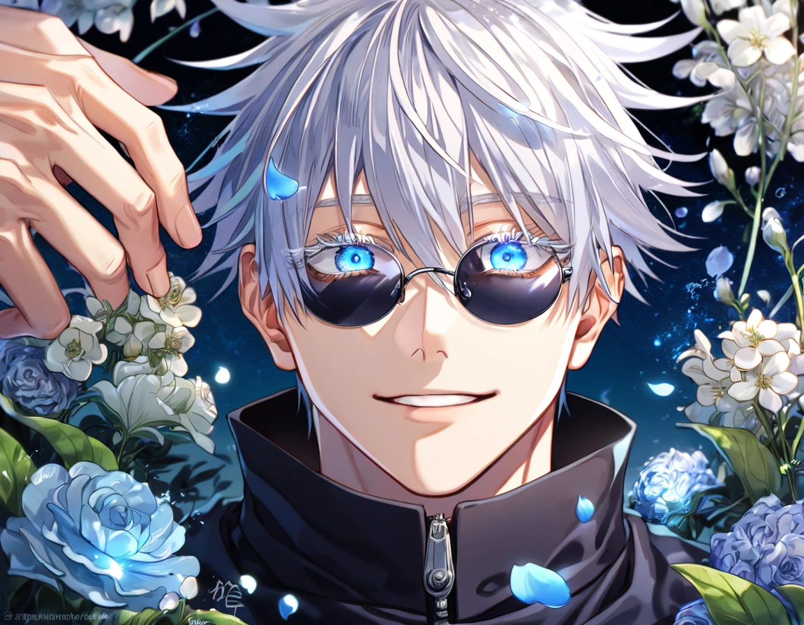 absurdres, highres, ultra detailed, HDR, master piece, Gojou Satoru, white hair with bangs, white eyelashes, expressive blue eyes, hair between the eyes, black shirt, Jujutsu Kaisen, man, handsome, best quality, blue moon, flowers, fantasy, magical, solo, water, blue shining fireflies, blue petals, Jujutsu Kaisen uniform, black round sunglasses, handsome smile