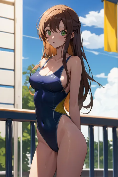 masterpiece, best quality, highres, hmshir, long hair, green eyes, one-piece swimsuit, school swimsuit, competition swimsuit, po...