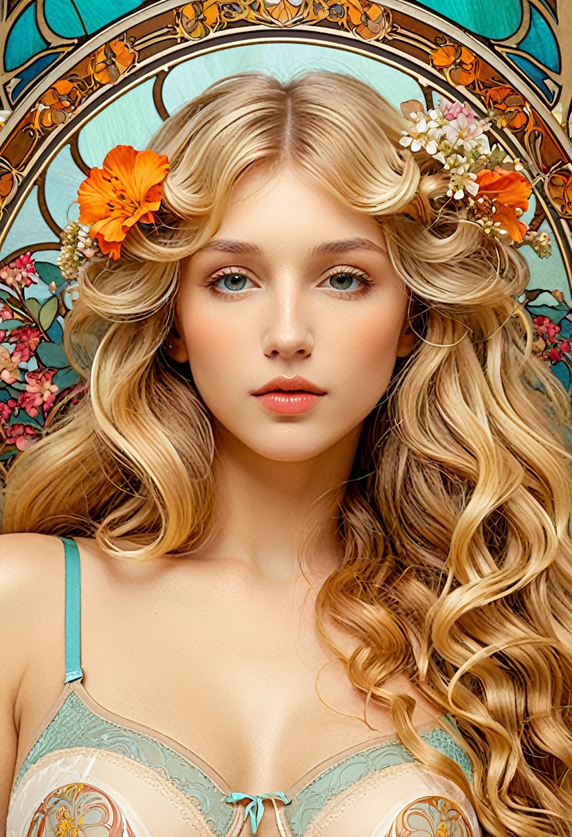 European woman face portrait, Long Curly Hair, blonde, Floral frame, Decorative panel, Abstract art, Alphonse Mucha (masterpiece, Highest quality, High resolution: 1.4), detailed, 複雑なdetailed, 4K, Color Splash, Line art, Fibonacci, In underwear