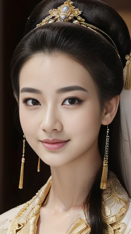 Front view,  standing pose, Chinese girl, 21 century, looking at viewer, beautiful Chinese  Young General, 26 years old, (Highly detailed face, Ordinary eyes,  Tapered eyebrows, Brown  eye, Variegated eyes, Fuller lips, little Lips, smile),(gold earning, white pearl neck less, lady's watch ),in palace Garden, sunset ,(masterpiece, Highest quality, masterpiece, God-like quality, Godly art, , Very realistic)