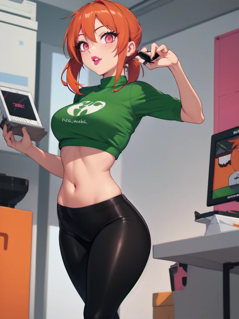  wide hips, thighs, Vicky, ponytail, lipstick, midriff, 1girl, green crop top, pink eyes, black pants, orange hair. solo girl