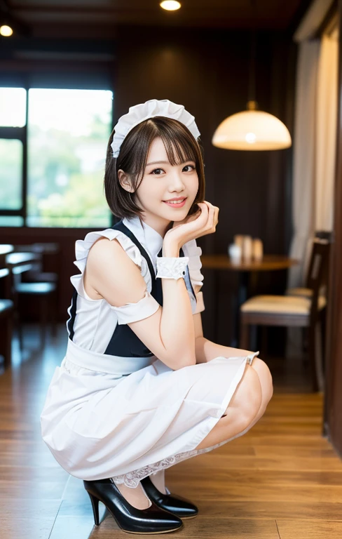 (An intellectual lady with a light-colored maid outfit, reading a book, squatting with grace at a maid-theme cafe, friendly body lanugage, kind smile, positive vibes, full body shot, bokeh background, wearing red high heels, short bob hair, squatting pose, family-friendly masterpiece, (best quality,4k,8k,highres,masterpiece:1.2),ultra-detailed,(realistic,photorealistic,photo-realistic:1.37),detailed facial features,beautiful detailed eyes,beautiful detailed lips,extremely detailed face,longeyelashes,maid uniform,maid cafe interior,studio lighting,vivid colors,warm lighting)