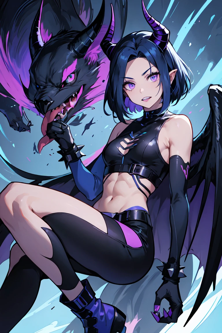 1. Light skinned woman 2. Long spiky navy blue hair/dark 3. lips painted blue and purple 4. Purple eyes 5. Attractive clothing with technological implants whose predominant colors are Blue and Purple (Example Alita from Battle Angel) 6. wears dark blue boots 7. He has blue gloves 8. Both his arms and legs are uncovered., that is to say, his technological combat suit only covers his torso, waist and chest, the elbows, arms and legs are uncovered.1. 3 eyes 2. It has a total of 6 horns, 2 large main ones located in the two upper corners of its forehead, and two other small horns located on both sides, that is to say, each main crow has another small horn on each side 3. Increases your body size and muscles 4. sharp teeth, with one I came long as a snake 5. The tongue is purple 6. His ears transform into a dark elf shape 7. Your skin turns gray 8. Claws come out of his hands 9. Gets wings similar to Maleficent 10&#39;s. Its main colors purple and black