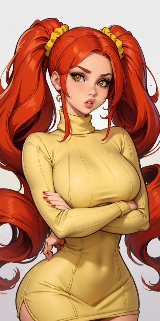 masterpiece, best quality, 1girl, solo, red hair, twintails, very long hair, yellow eyes, turtleneck, ribbed sweater, sweater dress, upper body, parted lips, lips, mature female, curvy, hair scrunchie, huge breasts, looking at viewer, crossed arms