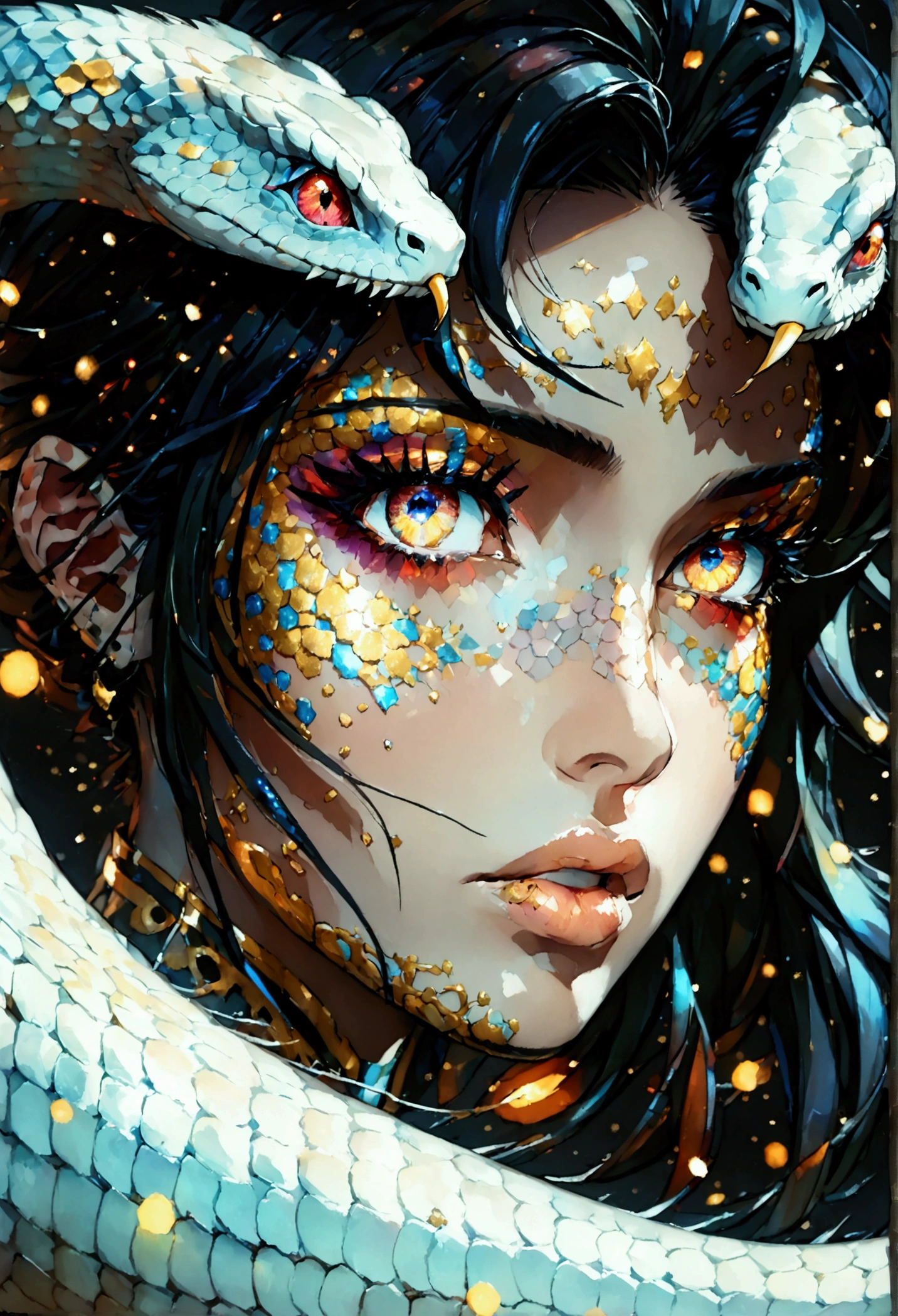 PORTRAIT, only face portrait, macro, a demon battle angel next to a SNAKE cobra portrait, beautiful white skin with sparkles and glitter, long black hair with red skulls on hair, shiny and lightening eyes, cosmos eyes, next to a SNAKE cobra, highly detailed fur (vectorized) yellow lightening eyes, detailed skin, image is compelling with dynamic composition and energetic posing. Include many fantasy details such as bumps, phantasmal iridescence, glitter, galaxy, cosmos, ((dark celestialskin body, void cosmic body)), (((dark background))), (((lights off))), (((hollywood dark))), horror, dramatic shadows, (in a dark fantasy space:1.3, glitter, sparkle, gleam) vector digital illustration, (black background:1.5)sharp