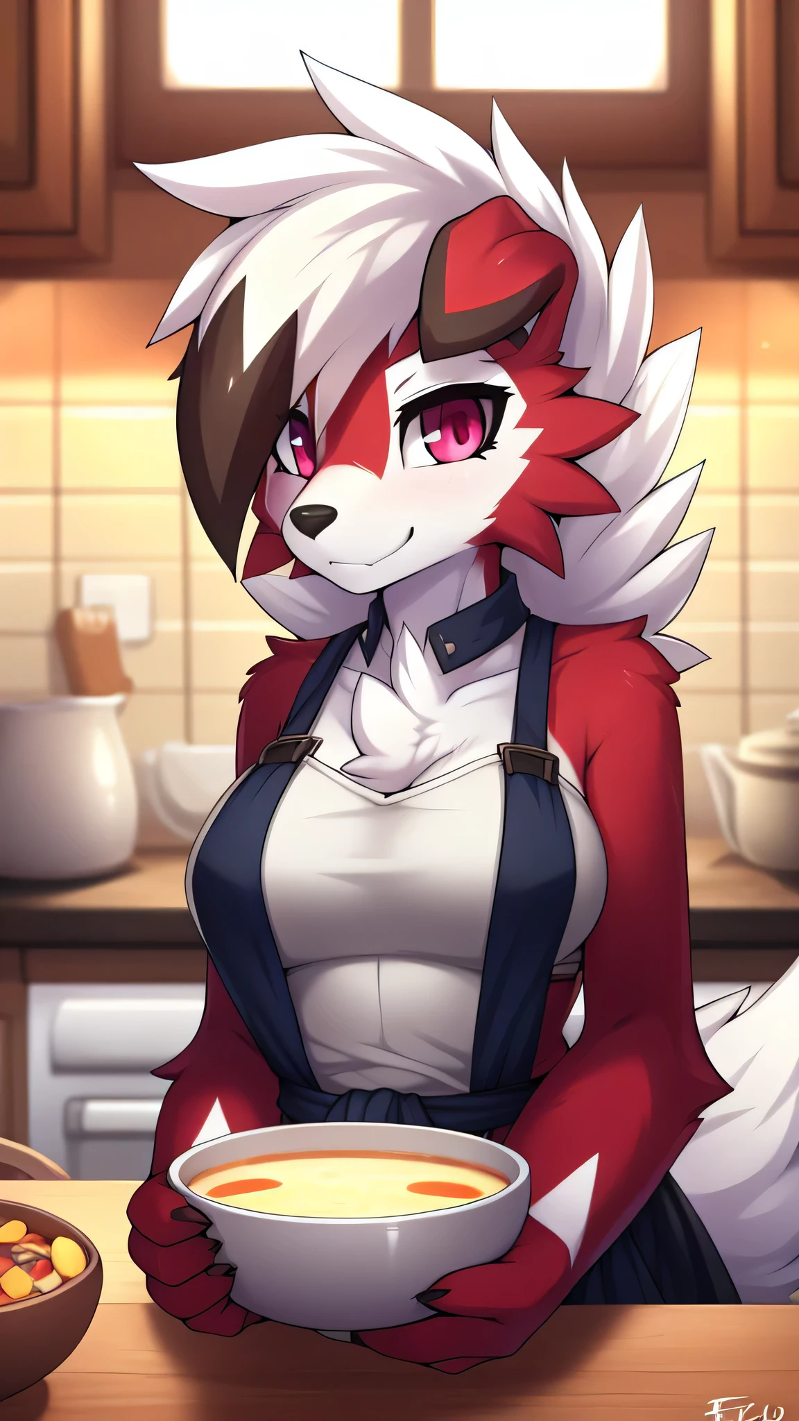 from Zinfew,отwistedscarlet60, uploaded to pixiv, from down-kevlar, (masterpiece), (Best quality), (Solo Woman:1.2), (extremely deTailed:1.3),(deTailed eye,black circle on the eye,Pink Eye), Lycanroc midnight, view in viewer, close view, half body in portrait, only body and head, close view, Wear a kitchen apron,in the kitchen, carrying a bowl of soup, (Tail:1.1), Lycanrock close up photo