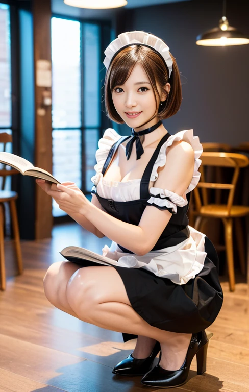 (An intellectual lady with a light-colored maid outfit, reading a book, squatting with grace at a maid-theme cafe, friendly body lanugage, kind smile, positive vibes, full body shot, bokeh background, wearing high heels, red choker, short bob hair, squatting pose, family-friendly masterpiece, (best quality,4k,8k,highres,masterpiece:1.2),ultra-detailed,(realistic,photorealistic,photo-realistic:1.37),detailed facial features,beautiful detailed eyes,beautiful detailed lips,extremely detailed face,longeyelashes,maid uniform,maid cafe interior,studio lighting,vivid colors,warm lighting)