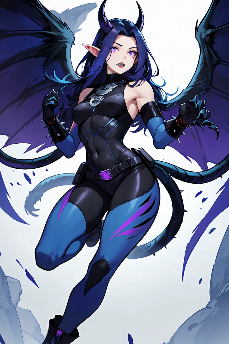 1. Light skinned woman 2. Long spiky navy blue hair/dark 3. lips painted blue and purple 4. Purple eyes 5. Attractive clothing with technological implants whose predominant colors are Blue and Purple (Example Alita from Battle Angel) 6. wears dark blue boots 7. He has blue gloves 8. Both his arms and legs are uncovered., that is to say, his technological combat suit only covers his torso, waist and chest, the elbows, arms and legs are uncovered.1. 3 eyes 2. It has a total of 6 horns, 2 large main ones located in the two upper corners of its forehead, and two other small horns located on both sides, that is to say, each main crow has another small horn on each side 3. Increases your body size and muscles 4. sharp teeth, with one I came long as a snake 5. The tongue is purple 6. His ears transform into a dark elf shape 7. Your skin turns gray 8. Claws come out of his hands 9. Gets wings similar to Maleficent 10&#39;s. Its main colors purple and black