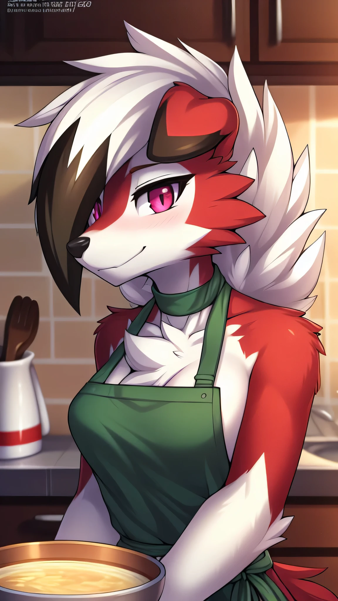 from Zinfew,отwistedscarlet60, uploaded to pixiv, from down-kevlar, (masterpiece), (Best quality), (Solo Woman:1.2), (extremely deTailed:1.3),(deTailed eye,black circle on the eye,Pink Eye), Lycanroc midnight, view in viewer, close view, Shy face, half body in portrait, only body and head, close view, Wear a kitchen apron,in the kitchen, carrying a bowl of soup, (Tail:1.1), Lycanrock close up photo