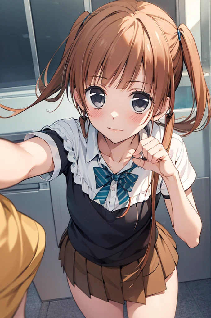 masterpiece, best quality, game cg, 1boy, solo, male focus, looking at viewer, , , nino_arisugawa, brown hair, black eyes, long hair, twintails, low twintails, mask, miniskirt,selfie