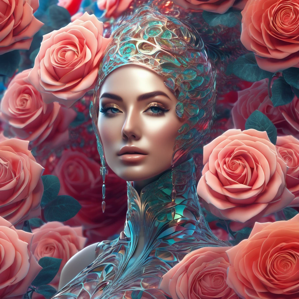 77×412÷π÷2, a beautiful woman is walking in a garden of roses,fractal  , deep wiew,photographic,ultra high resolution,hyperdetailed, masterpiece, 3d modelling, abstract art.