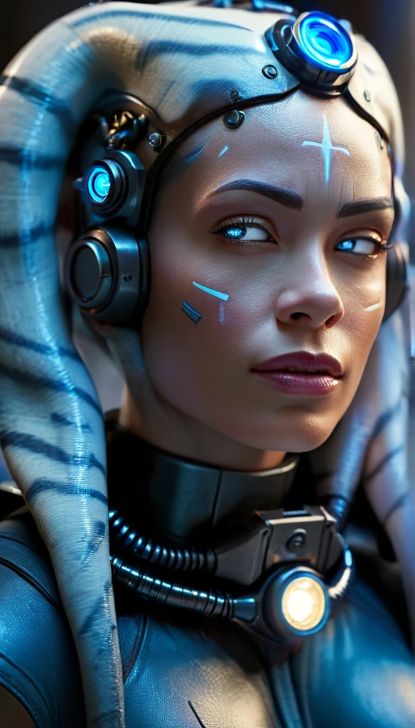 Eine futuristische Cyborg-Frau mit leuchtend blauen Schaltkreisen, Dramatische Beleuchtung, komplexe mechanische Details, Hyperrealistisch, 8k, Volumetrische Beleuchtung, Filmkomposition, Schärfentiefe, fotorealistisch, sehr detailliert, leuchtende Farben, Studiobeleuchtung, Science-Fiction, blaues und schwarzes Farbschema