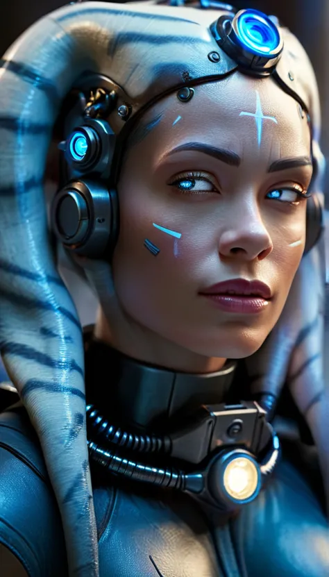 A futuristic cyborg woman with glowing blue circuitry, dramatic lighting, intricate mechanical details, hyper-realistic, 8k, vol...