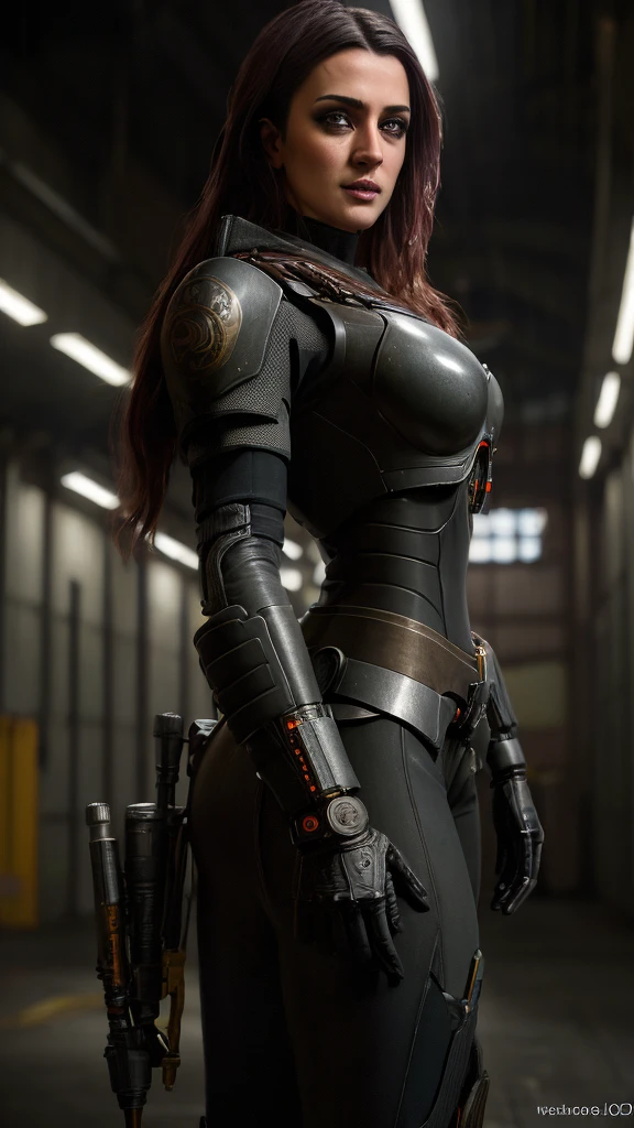 intricate detailed cyberpunk sci-fi hangar interior, highly detailed Bokatan character, 1 female, beautiful detailed face, detailed eyes, detailed nose, detailed lips, intricate detailed armor, intricate detailed weapons, cinematic dramatic lighting, dark moody atmosphere, moody dramatic colors, gritty realistic textures, (best quality,8k,highres,masterpiece:1.2),ultra-detailed,(realistic,photorealistic,photo-realistic:1.37)