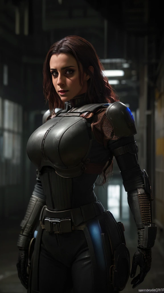 intricate detailed cyberpunk sci-fi hangar interior, highly detailed Bokatan character, 1 female, beautiful detailed face, detailed eyes, detailed nose, detailed lips, intricate detailed armor, intricate detailed weapons, cinematic dramatic lighting, dark moody atmosphere, moody dramatic colors, gritty realistic textures, (best quality,8k,highres,masterpiece:1.2),ultra-detailed,(realistic,photorealistic,photo-realistic:1.37)