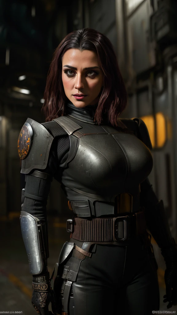 intricate detailed cyberpunk sci-fi hangar interior, highly detailed Bokatan character, 1 female, beautiful detailed face, detailed eyes, detailed nose, detailed lips, intricate detailed armor, intricate detailed weapons, cinematic dramatic lighting, dark moody atmosphere, moody dramatic colors, gritty realistic textures, (best quality,8k,highres,masterpiece:1.2),ultra-detailed,(realistic,photorealistic,photo-realistic:1.37)