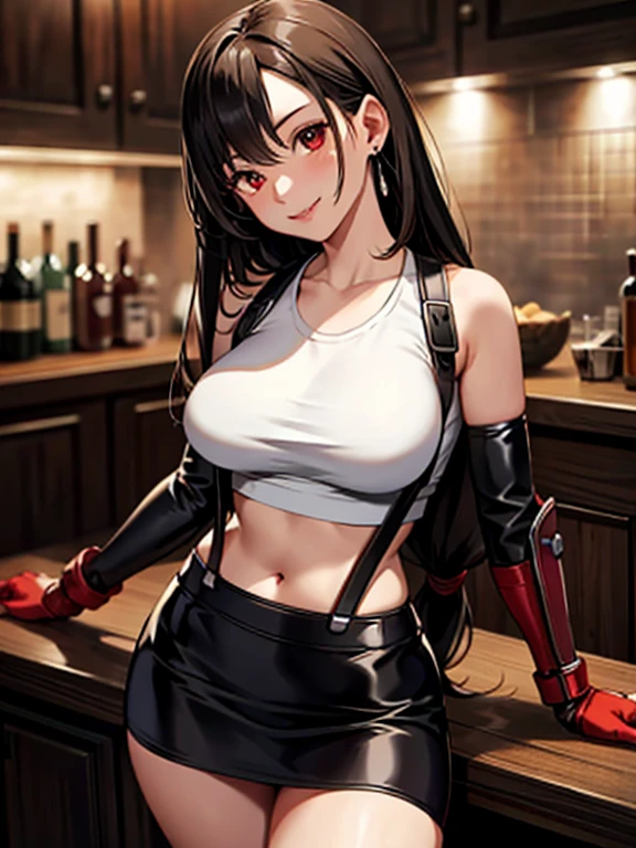 masterpiece, ultra quality, high quality, beautiful detailed glow,film Reflection, 
masterpiece, best quality, 1girl defTifa, red eyes, low-tied long hair, earrings, white crop top, suspenders, black miniskirt, pencil skirt, arm warmers, black elbow gloves, elbow pads, red gloves, red footwear, (large breasts:0.6), upper body, looking at viewer, smile, bar, night, counter,